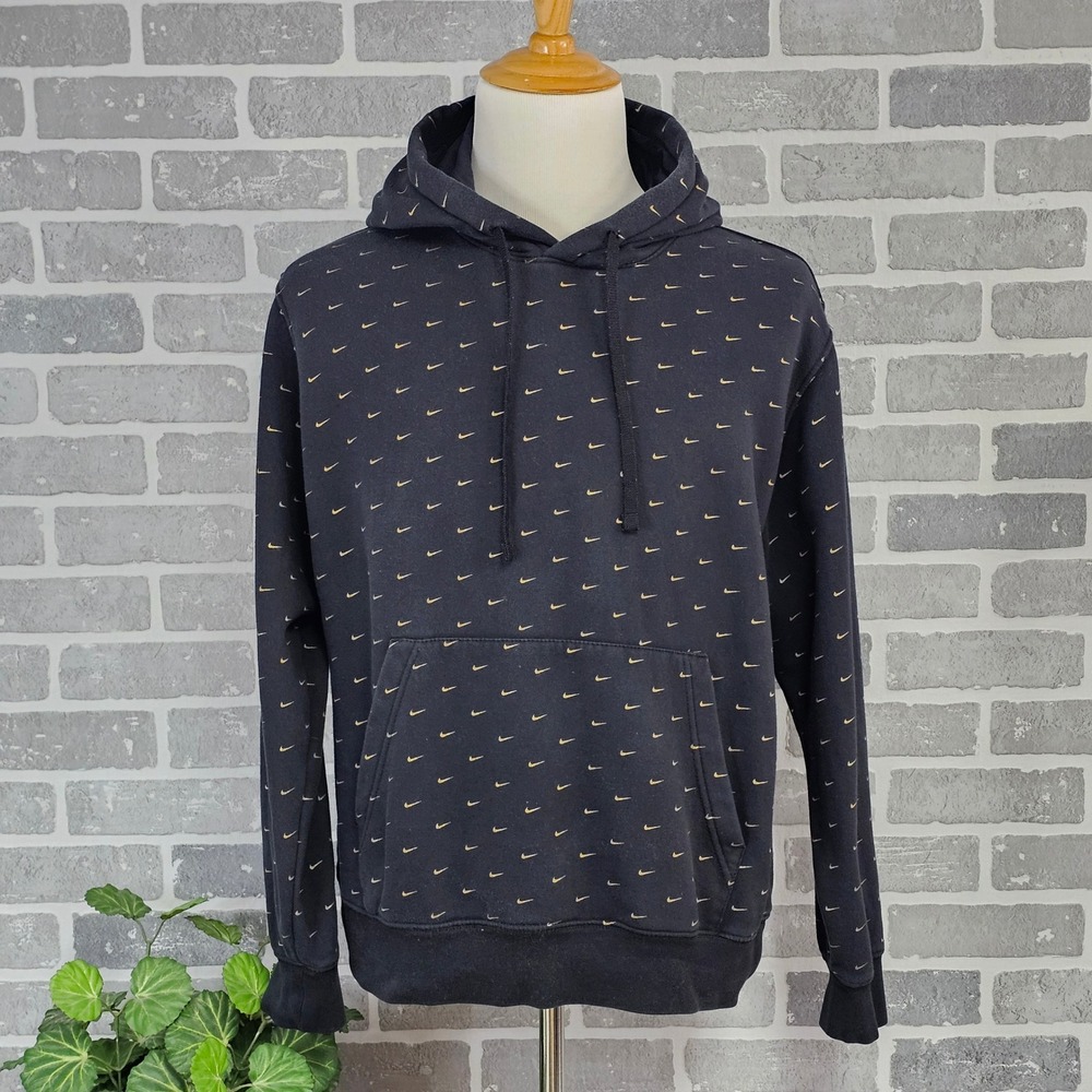 Nike Club Hoodie AOP Swoosh Black Gold Sweatshirt Mens Large Pullover Streetwear - Picture 1 of 10